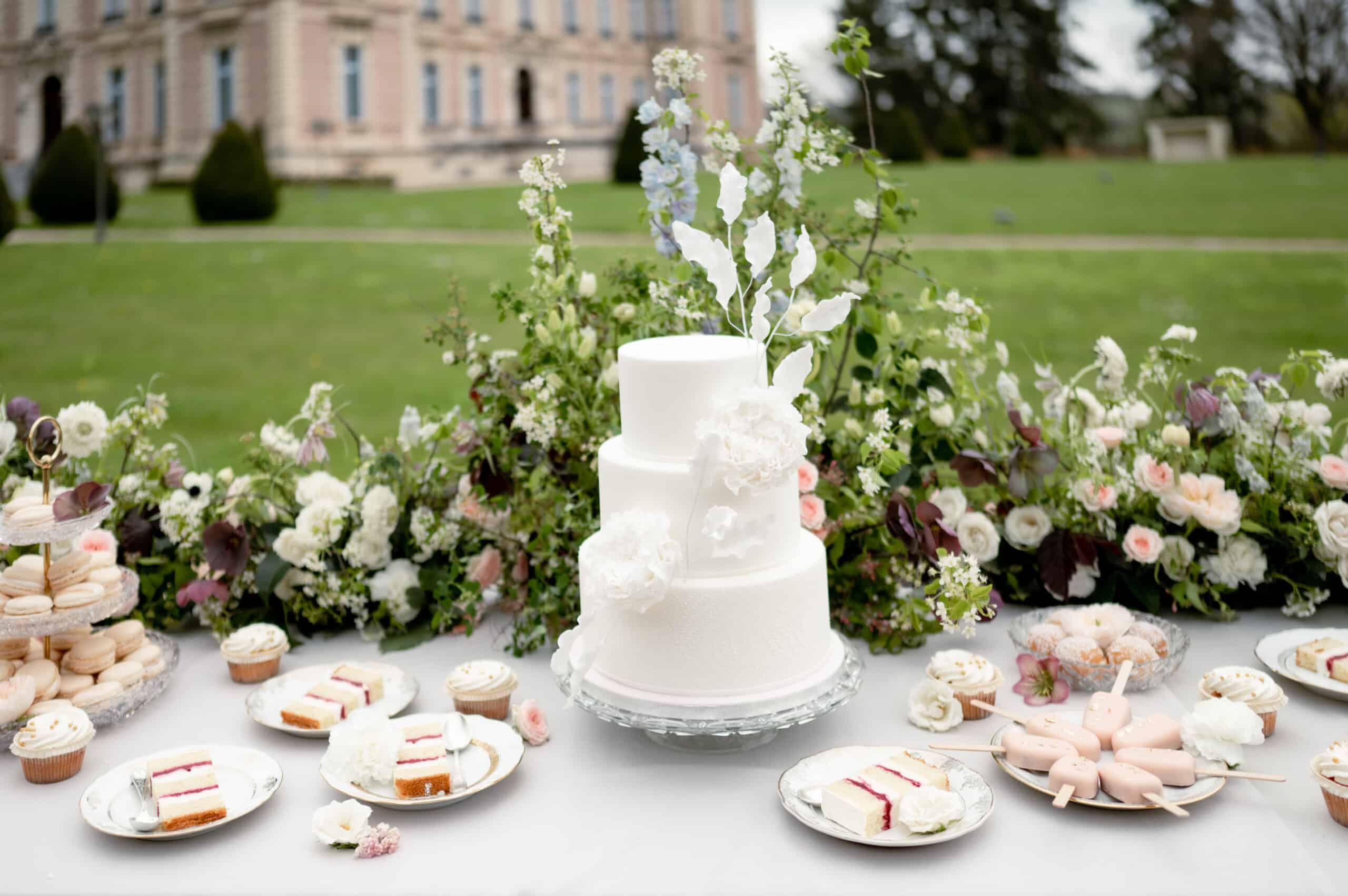 Gâteau blanc 3 étages, buffet de desserts et fleurs devant un château majestueux.